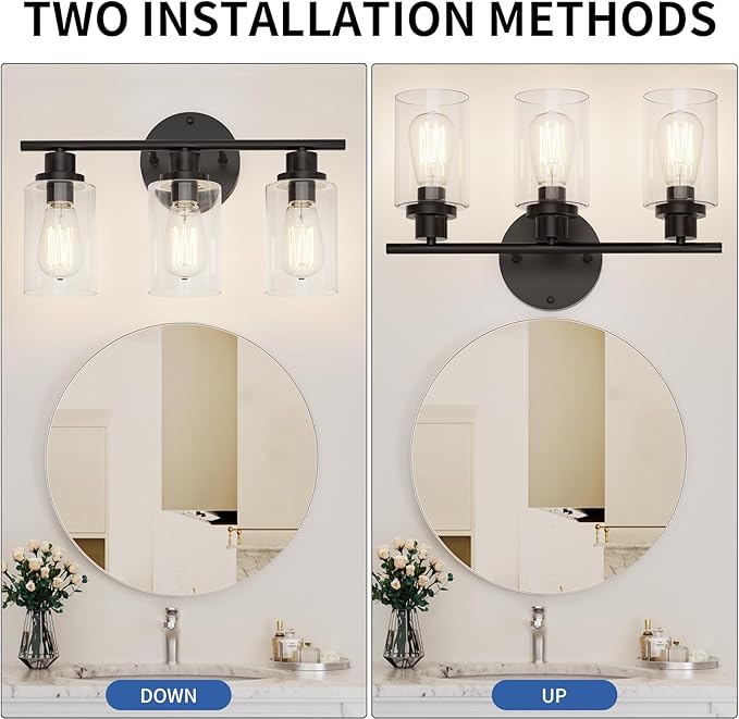 GORDNWE Modern Farmhouse Vanity Light Fixtures - 3 Light Matte Black Bathroom Lighting Over Mirror, E26 Bulb Base