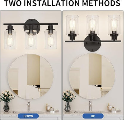 GORDNWE Modern Farmhouse Vanity Light Fixtures - 3 Light Matte Black Bathroom Lighting Over Mirror, E26 Bulb Base