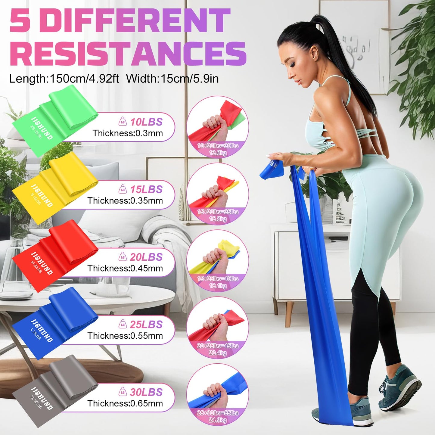 5 Pcs Resistance Bands, Professional Exercise Bands Elastic Stretch Bands for Fitness Yoga Pilates Stretching Strength Training, Workout Bands for Women and Men Home Gym