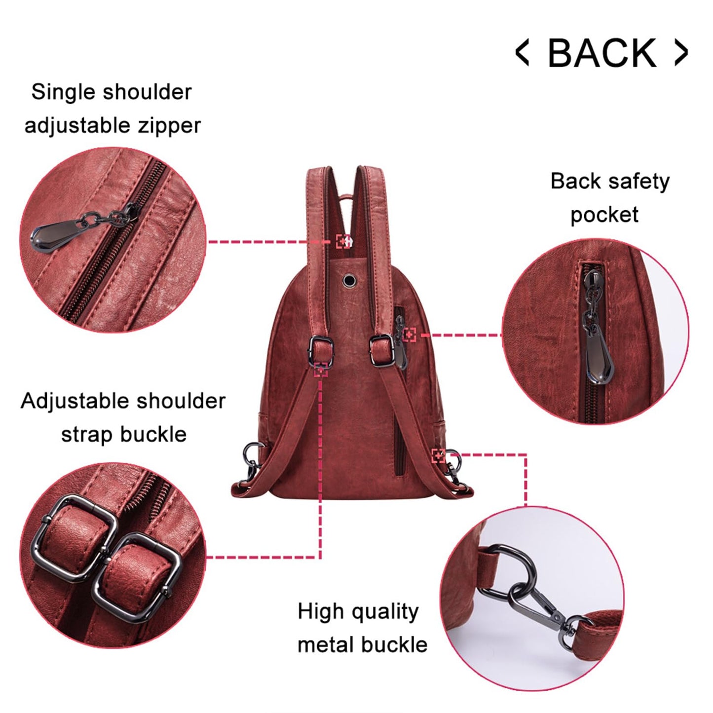 Small Backpack Purse for Women Fashion PU Leather Backpack Convertible Ladies Sling Bag Red Wine