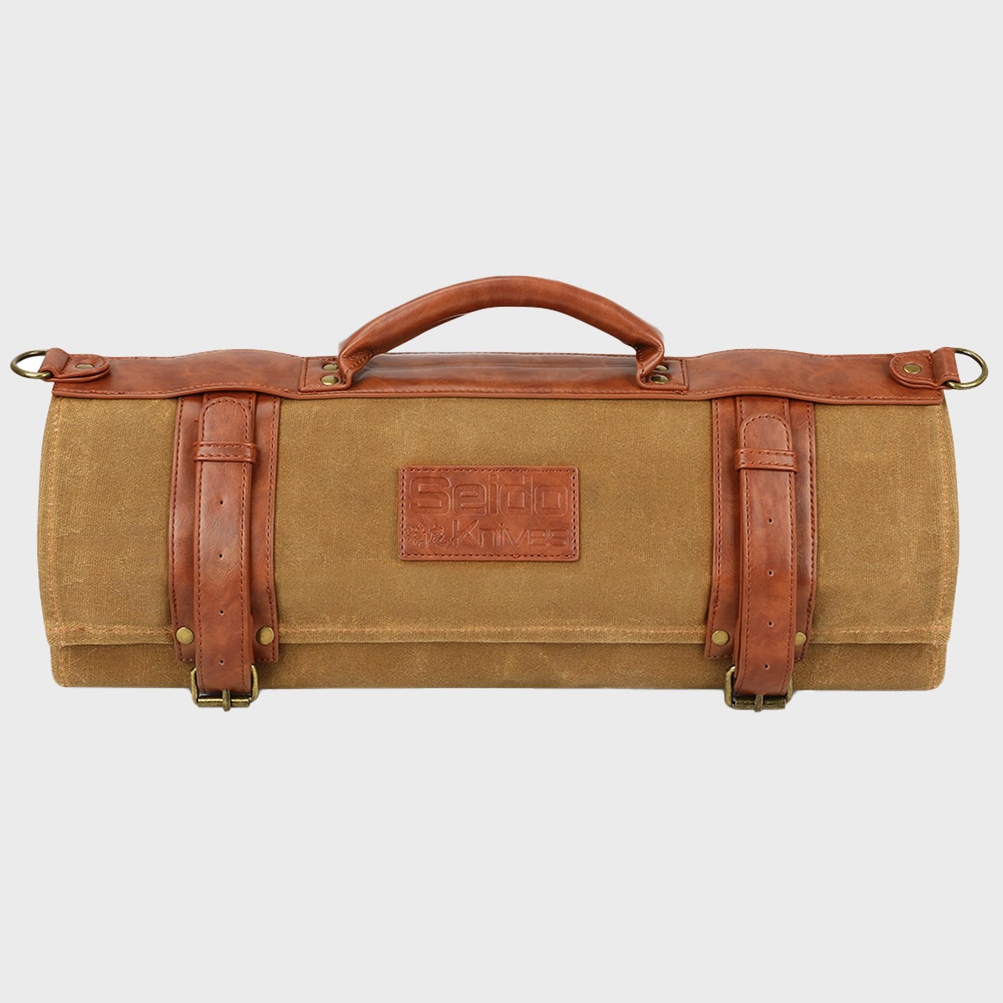 Seido Knives Classic Knife Roll Bag - Heavy Duty Canvas & Leather - Holds 18 Culinary Tools, Including 12 Large Knives, 4 Utensil Slots, and 2 Meat Cleaver Compartments