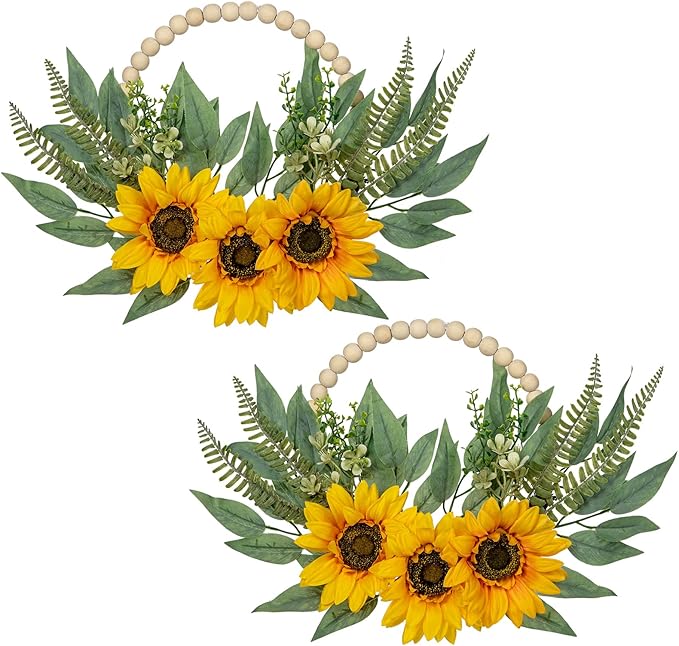 Spring Wreaths for Front Door 10" Artificial Floral Wood Bead Wreaths Eucalyptus Leaves Sunflower Wreaths for Front Door Boho Farmhouse Wall Decor 2 Pack