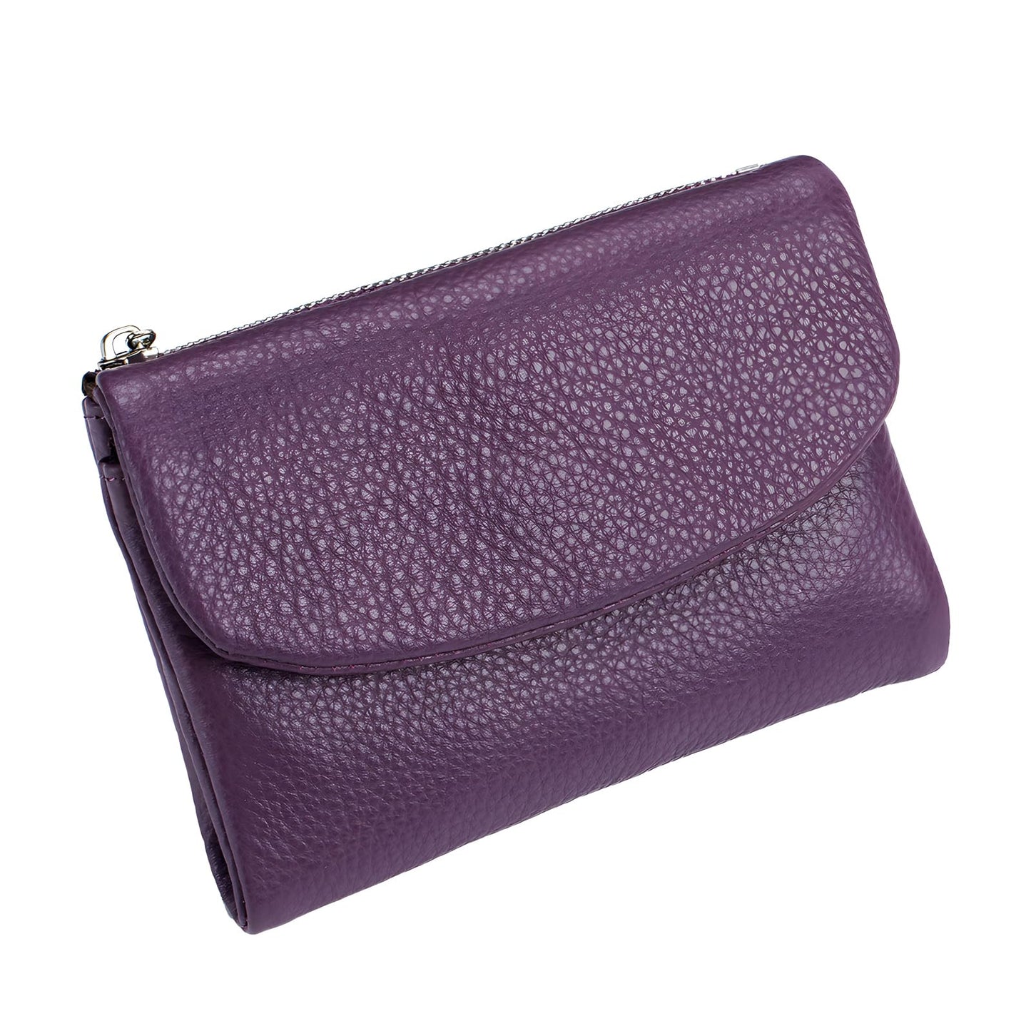 Unisex Pebble Leather Wallet, 5.3In Short Genuine Leather Coin Card Holder, Two zippered pockets, Unisex Clutch Bags, Can Hold Coins, Cards, Id Cards (Purple)