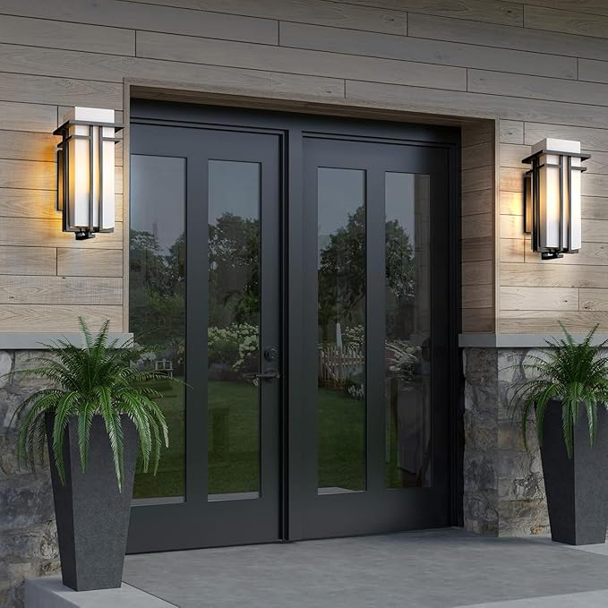 Outdoor Wall Light Fixtures, Exterior Waterproof Lanterns, Porch Sconces Wall Mounted Lighting with Modern Frosted Glass, Black Aluminum Wall Lamps for Patio Front Door Entryway, (Type_A 15.4''H)