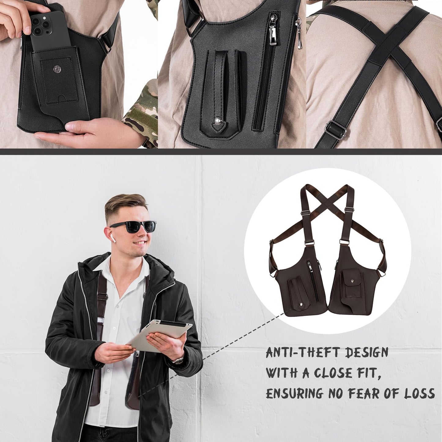 ocalil Double Shoulder Armpit Bag, 2026 New Men Anti-Theft Underarm Wallet Pocket Holster Phone Leisure Double Shoulder Pouch (brown)
