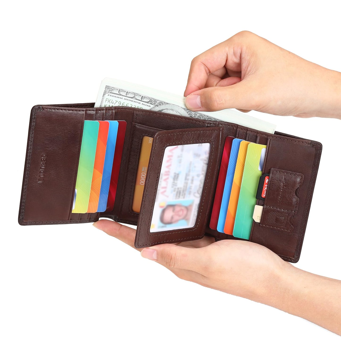 Trifold Wallets for Men Genuine Leather Large Capacity RFID Blocking, Includes Id Window and Credit Card Holder,Mens Wallets Leather (Coffee)