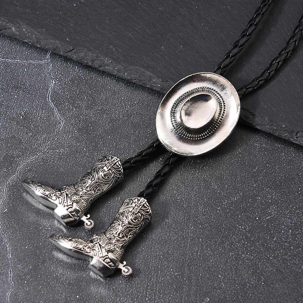 Joxevyia Western Cowboy Bolo Tie for Men Women Adjustable Necktie 3D Cowboy Hat and Boots Tips Bolo Neckties for Concert Rodeo and Daily Outfit