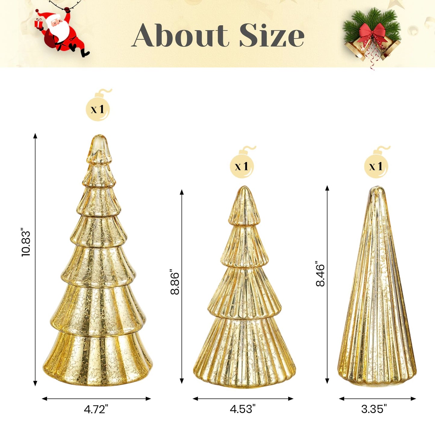 Hewory Mercury Glass Christmas Tree: Set of 3 Gold Table Top Christmas Ornaments Trees with LED Lights, Christmas Centerpiece Table Decorations Indoor for Dining Fireplace Mantel Winter Holiday Decor