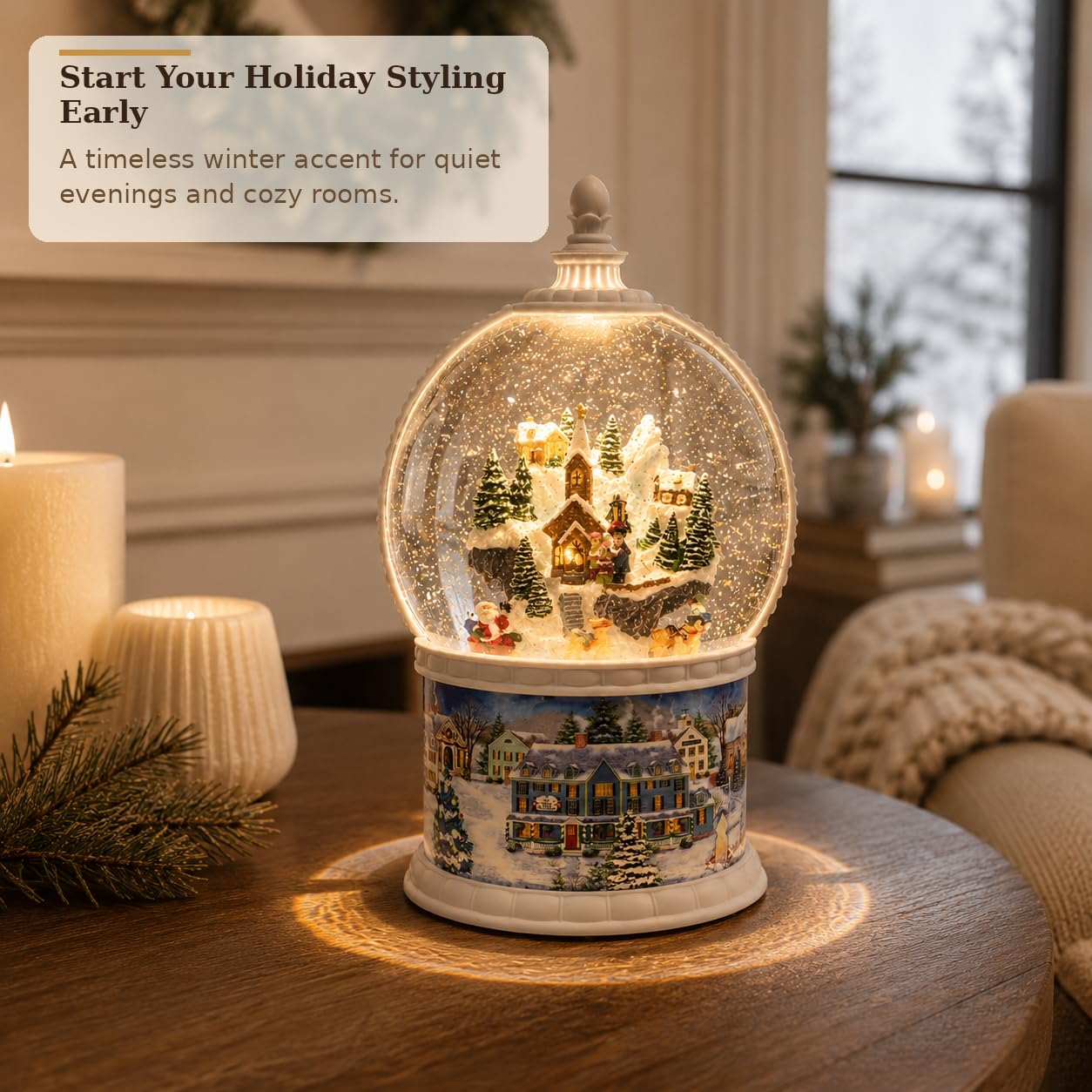 Large Lighted Snow Globe Lantern, 10.24" Winter Village Music Box with Moving Glitter & Rotating Carousel, USB & Battery Operated Night Light, 6H Timer, Snow Globe Gift for Women Mom Grandma Adults
