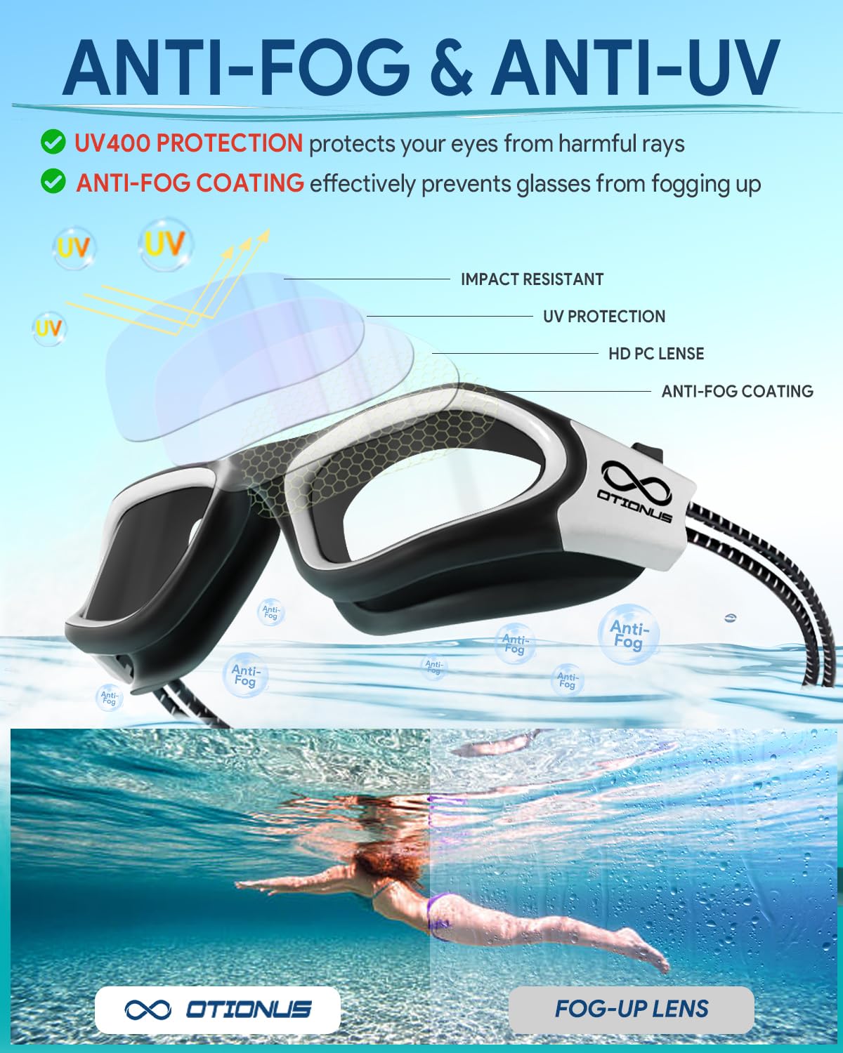 Otionus Swim Goggles Adult, Polarized Adult Swimming Goggles Bungee Strap No Hair Pulling Anti-fog Pool Goggles for Men Women