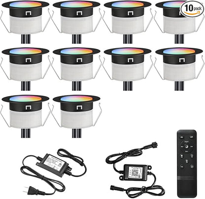 FVTLED LED Deck Lights Kit, 10pcs Φ1.22 WiFi Smart Phone Control Low Voltage Recessed RGBW Deck Lighting Waterproof Outdoor Yard Path Stair Decor, Black
