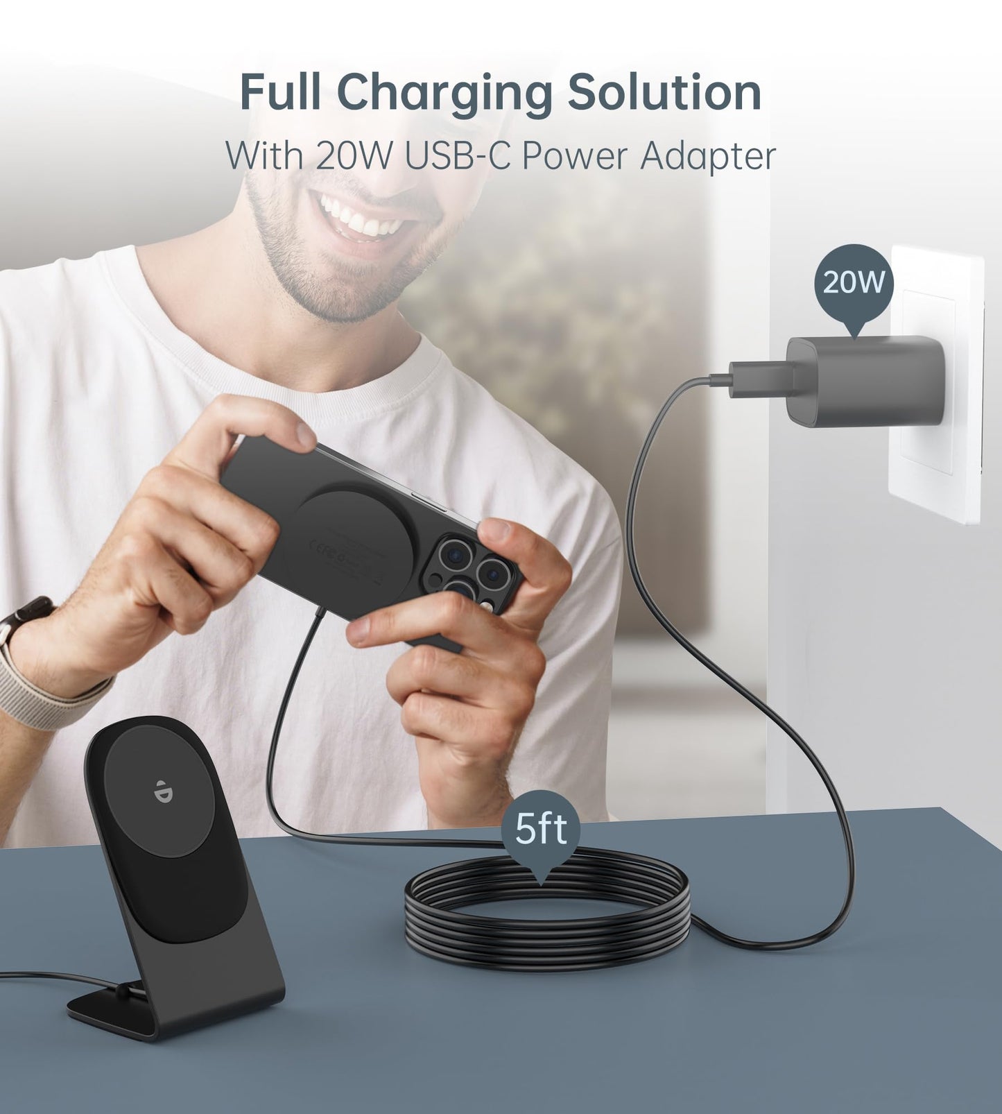 Magnetic Wireless Charger for iPhone 17/16/15/14/13/12 - Mag Charger+20W USB C Adapter, Fast Wireless Charging Stand/Pad with 5ft USB-C Cable for iPhone 17/16/15/14/13/12 Pro Max Plus Mini Air, Airpod
