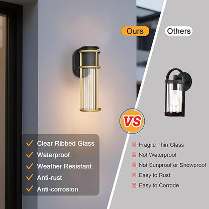 ALVIME 2 Pack Outdoor Wall Lights, Waterproof Exterior Lighting Fixtures, Sand Gold Anti-Rust Exterior Sconce Light for Front Door, Porch, Patio, Garage, Indoor, Bed Room, Clear Ribbed Glass, E26 Base