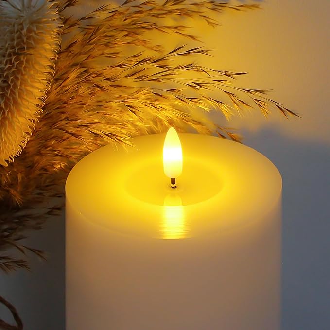 4" x12" Flameless Flickering Remote White Candles with Candle Grease and Timer, LED Battery Operated Fake Real Wax 3D-Wick Pillar Candles, Pack of 1