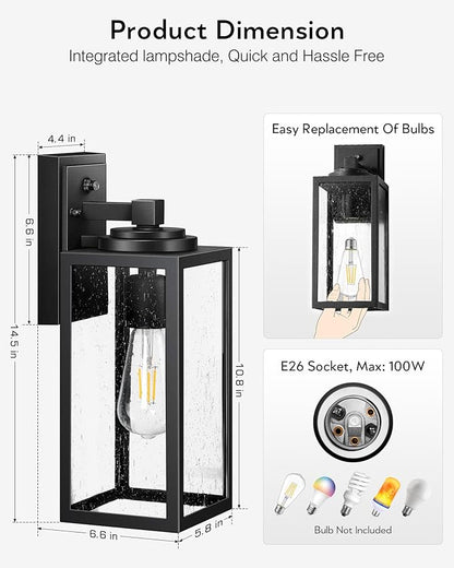 VIANIS 14.5" Large Dusk to Dawn Outdoor Lighting, Black Modern Exterior Lighting Fixtures with Tempered Glass, Anti-Rust Porch Lights Outdoor for House, Outdoor Wall Lights, 2-Pack (Hardwired 120VAC)