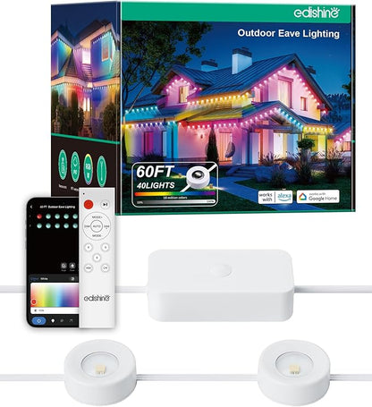 EDISHINE 60ft Permanent Outdoor Christmas Lights for House, 40 LED Eave Light with App/Remote, IP67 Smart RGB+IC+Warm/Cool White Holiday Light with 50 Scene Modes, Work with Alexa Google Assistant