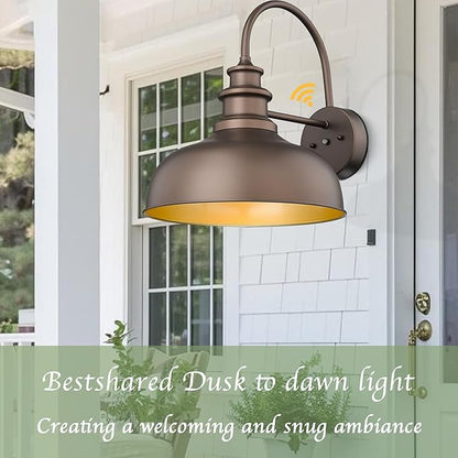 Bestshared 14 Inch Dusk to Dawn Gooseneck Barn Lights Farmhouse Outdoor Wall Sconce Industrial Exterior Wall Lighting Fixture Vintage Porch Lantern Lamp for Patio,Garage,Front Doo(ORB+Gold, 14"-2Pack)