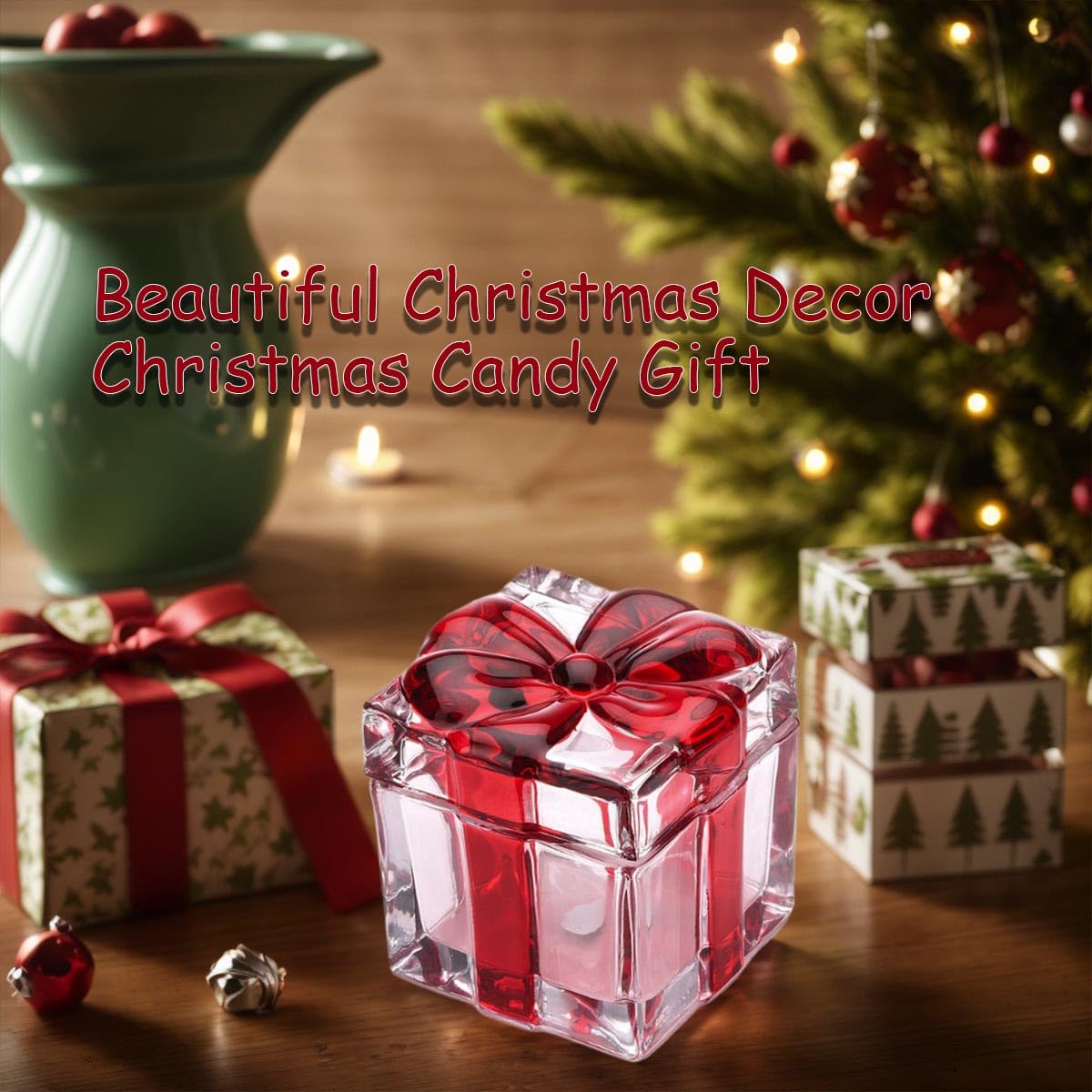 Gkesgm Set of 2 Christmas Candy Jar Red Glass Sugar Jar with Bowknot Lid,Square Crystal Peppermint Sweets Dish, Serving Tray, Serving Platter,Christmas Holiday Decor