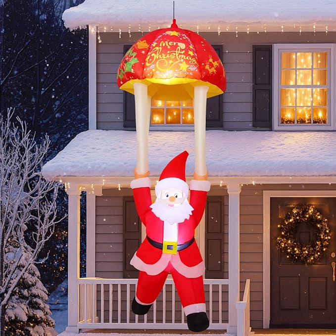 GOOSH 8.2 FT Hanging Christmas Santa Inflatables Decorations, Outdoor Parachute Santa Claus Blow Up Yard with Built-in LEDs for Outdoor Christmas Party Yard Garden Lawn Decor