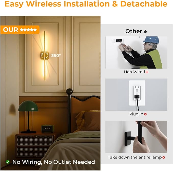 10000mAh Battery Operated Wall Sconce Detachable, Wireless Wall Lamp 3000-6500K Dimmable, Modern Rechargeable Wall Light for Bedroom, Living Room, 28.3" Gold (1 Pack)