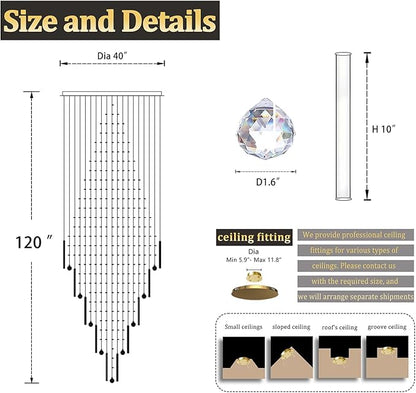 Flashing God 40''X120 High Ceiling Chandelier Crystal Raindrop Gold Chandeliers Staircase Large Chandelier Villa Entrance Foyer Pendant Light Foyer High Ceiling Light 15 GU10 Bulb Dimming