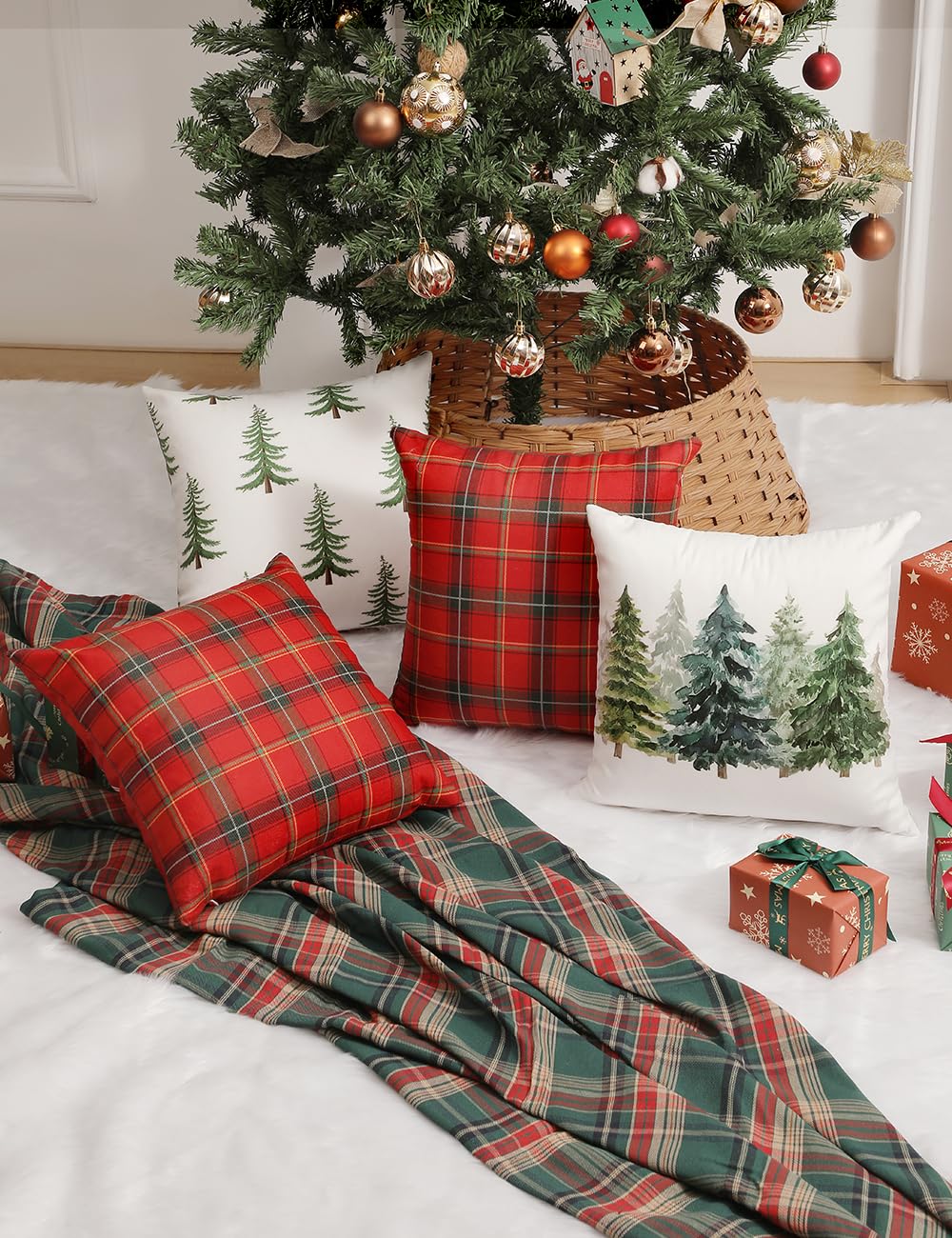 TOYPOPOR Christmas Decorations, Double Sided Plaid Throw Pillow Covers 18x18 Inches Set of 4, Christmas Tree, Snowflakes, Merry Christmas, Snowman Reindeer Winter Holiday Pillowcase for Sofa Couch