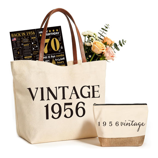 Vintage 1956 Gifts for Women, 70th Birthday Gift Set, Canvas Tote Bag with Leather Handles, Makeup Pouch & Back in 1956 Card, Gift for Her Turning 70