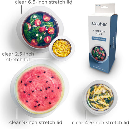 Stasher Premium Reusable Silicone Stretch Lids Variety 4-Pack, Clear, 9, 6.5, 4.5, 2.5, Airtight Seal, Food Container Covers, BPA Free, Leak-free, Dishwasher Safe, Microwave Safe, Eco-Friendly