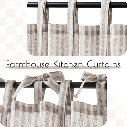 jinchan Tie Top Linen Kitchen Curtains 24 Inch Length Striped Tier Curtains Ticking Stripe Small Drapes for Living Room Bathroom Cafe Small Window Farmhouse Rustic Rod Pocket 2 Panels Taupe Grey