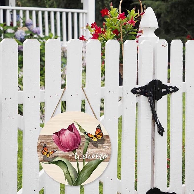Farmhouse Front Porch Decor Door Hanging Retro Beautiful Tulip Butterfly 12in Round Wooden Hanging Housewarming Home Decor Present