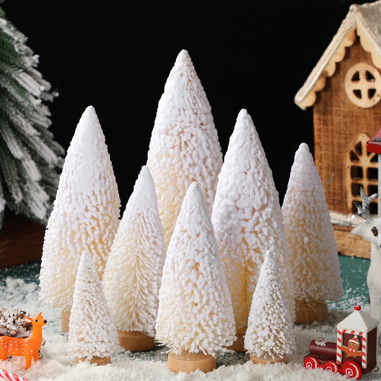 Leyndo 9 Pcs White Snow Flocked Artificial Mini Christmas Tree Sisal Bottle Brush Trees with Wood Base Christmas Pine Trees for Autumn Winter Holiday Kitchen Home Party Decor