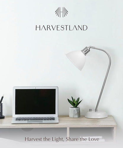 HarvestLand Halo Silver White Adjustable Desk Lamp – Reading Lamp, Pharmacy Style Metal Desk Lamp, Industrial Table Lamp with Solid Base for Bedside Table, Task Lamp Home Office