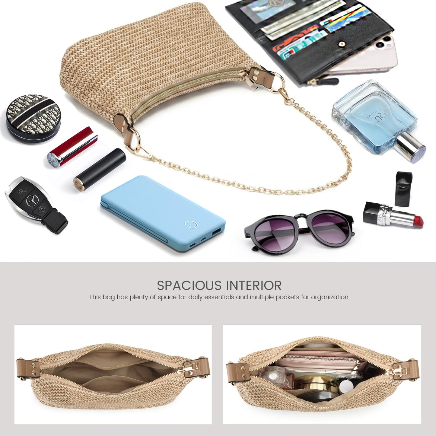 CROJUYI Straw Shoulder Bag for Women Soft Small Woven Shoulder Purse Handbag,Beach Tote Straw Bag for Summer