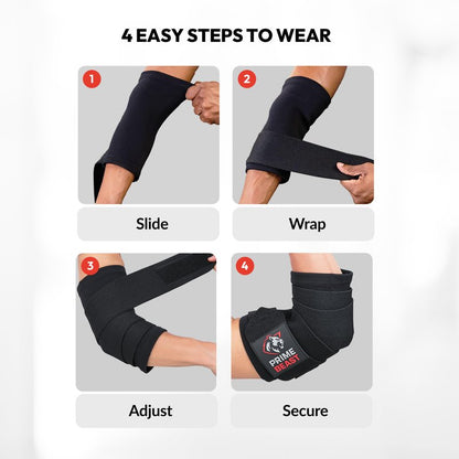 Prime Beast Hybrid Elbow Wraps for Weightlifting, Compression Sleeve and Adjustable Wrap Support for Bench Press, Powerlifting, and Gym Training (1 Pair) (Black, Small)