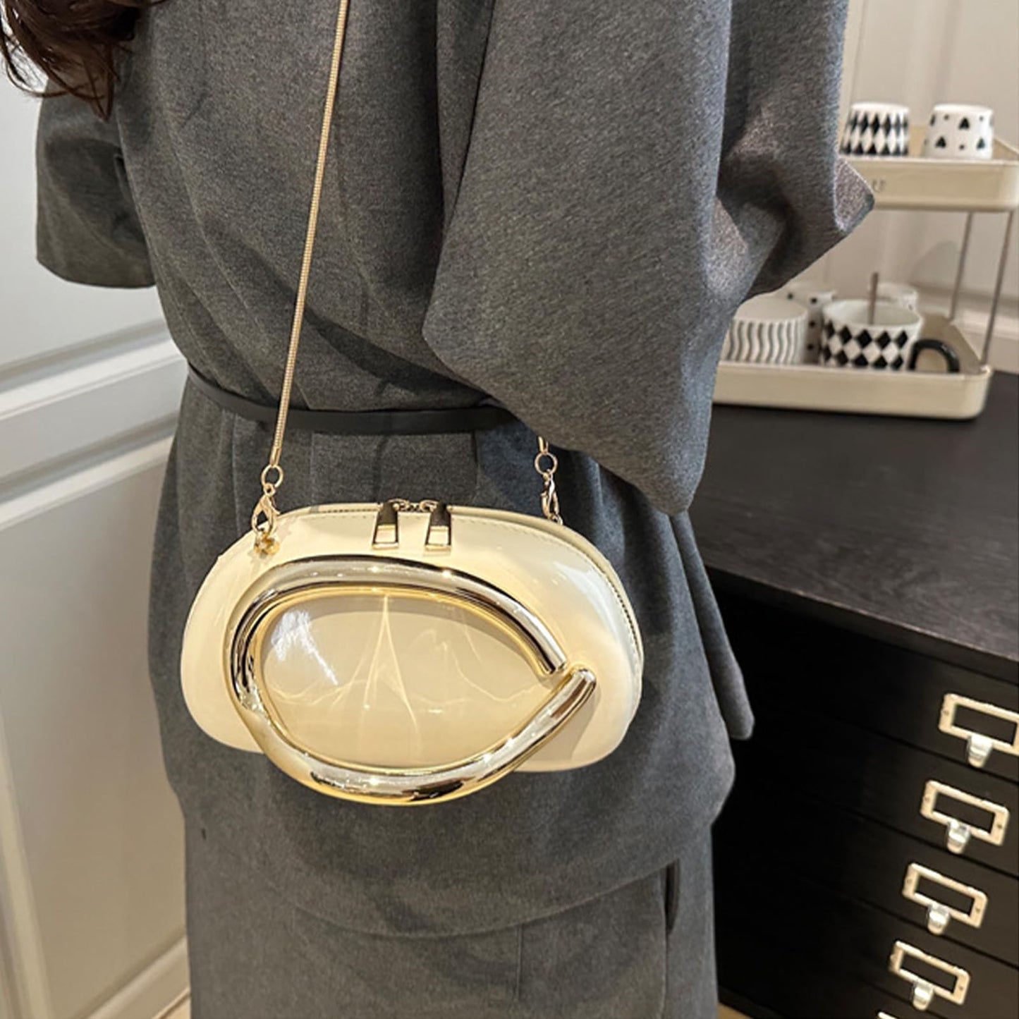 MAGTOBO Evening Clutch Purses for Women Formal, Zipper Lightweight Trendy Metal Handle Leather Evening Bag for Wedding Party (Leather Beige)