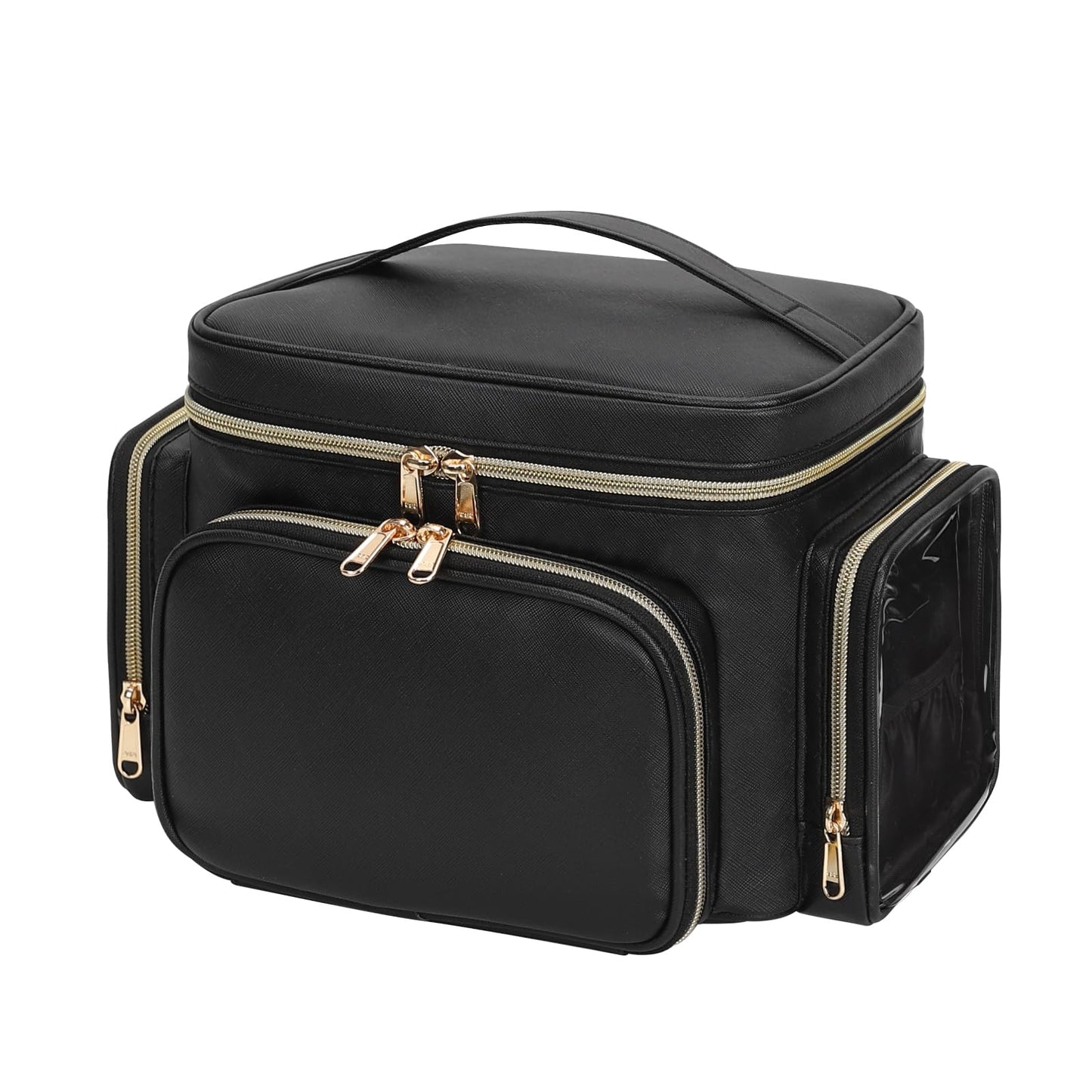 Bagmoly Large Makeup Bag, Portable Travel Makeup Bag Organizer for Women Girls with Makeup Brush Compartment & Two Side Pockets, Cosmetic Travel Bag Vertical Storage Toiletry Bag - Black