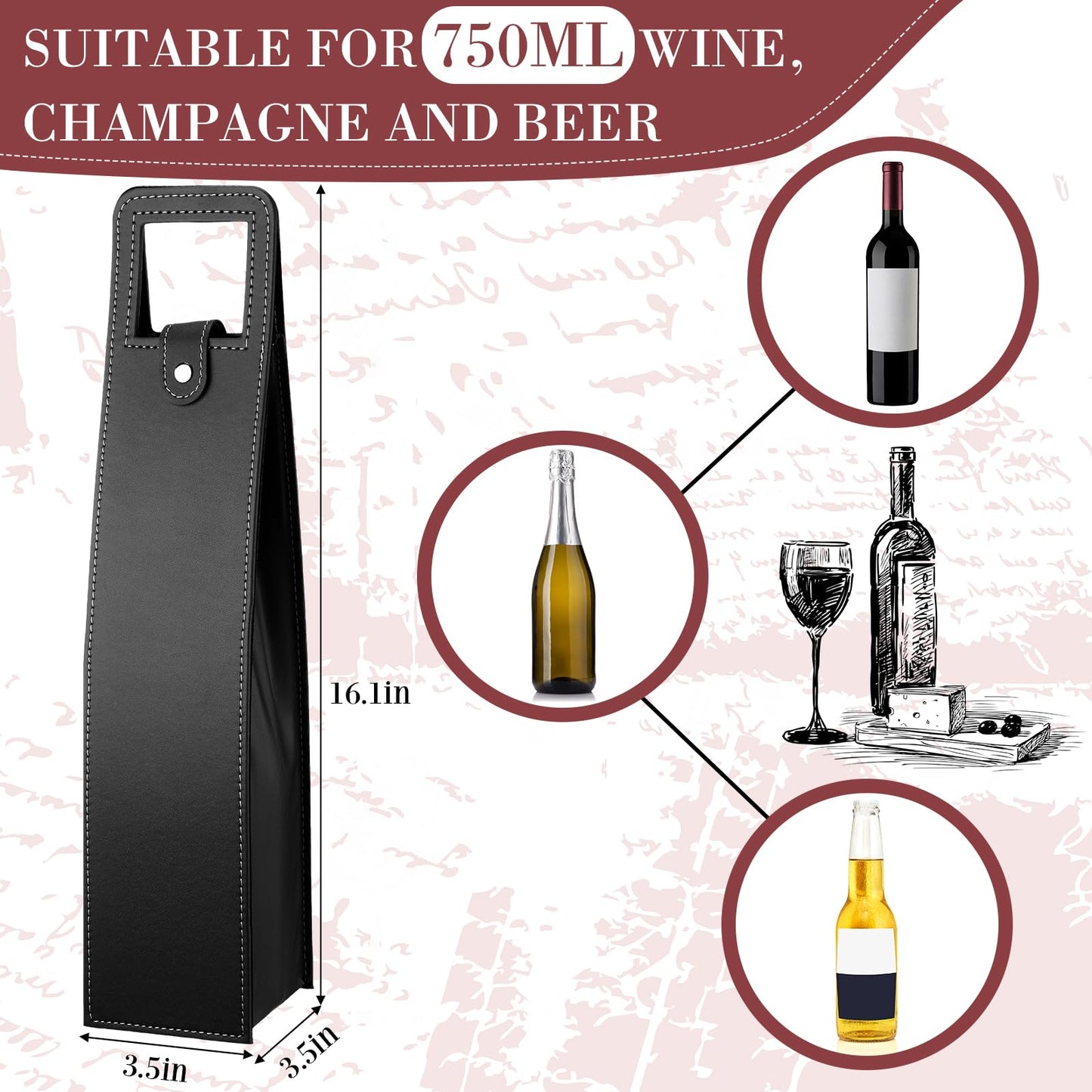 FillTouch 10 Pcs Leather Wine Gift Bags Reusable Leather Wine Tote Carrier Single Bottle Champagne Beer Protector Gift Bags for Parties Birthdays Wedding Christmas(Black,Classic Style)
