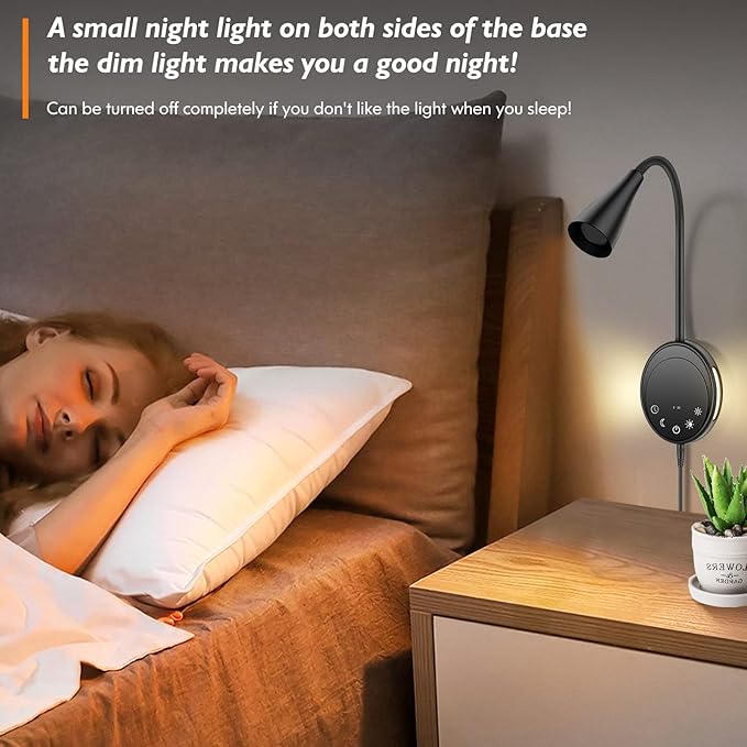 LED Wall Mount Reading Light, Bedside Reading Lights with Touch Control, 5 Dimmable, USB Output, Night Light & Timers, Flexible Gooseneck Headboard Bed Lights Wall Sconce