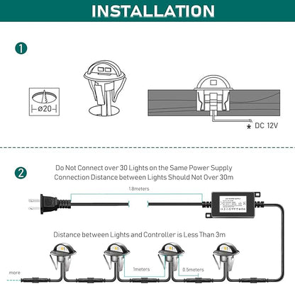 Pack of 20 Low Voltage LED Deck Lighting Kit Stainless Steel Waterproof Outdoor Landscape Garden Yard Patio Step Decoration Lamps LED In-ground Lights (Cold White)