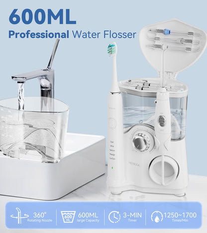 Water Flosser & Ultrasonic Electric Toothbrush Combo, 600ML Water Dental Flosser with 7 Jet Tips, 10 Adjustable Water Pressure, 5 Toothbrush Heads for Home Use, Gums, Braces (Black)