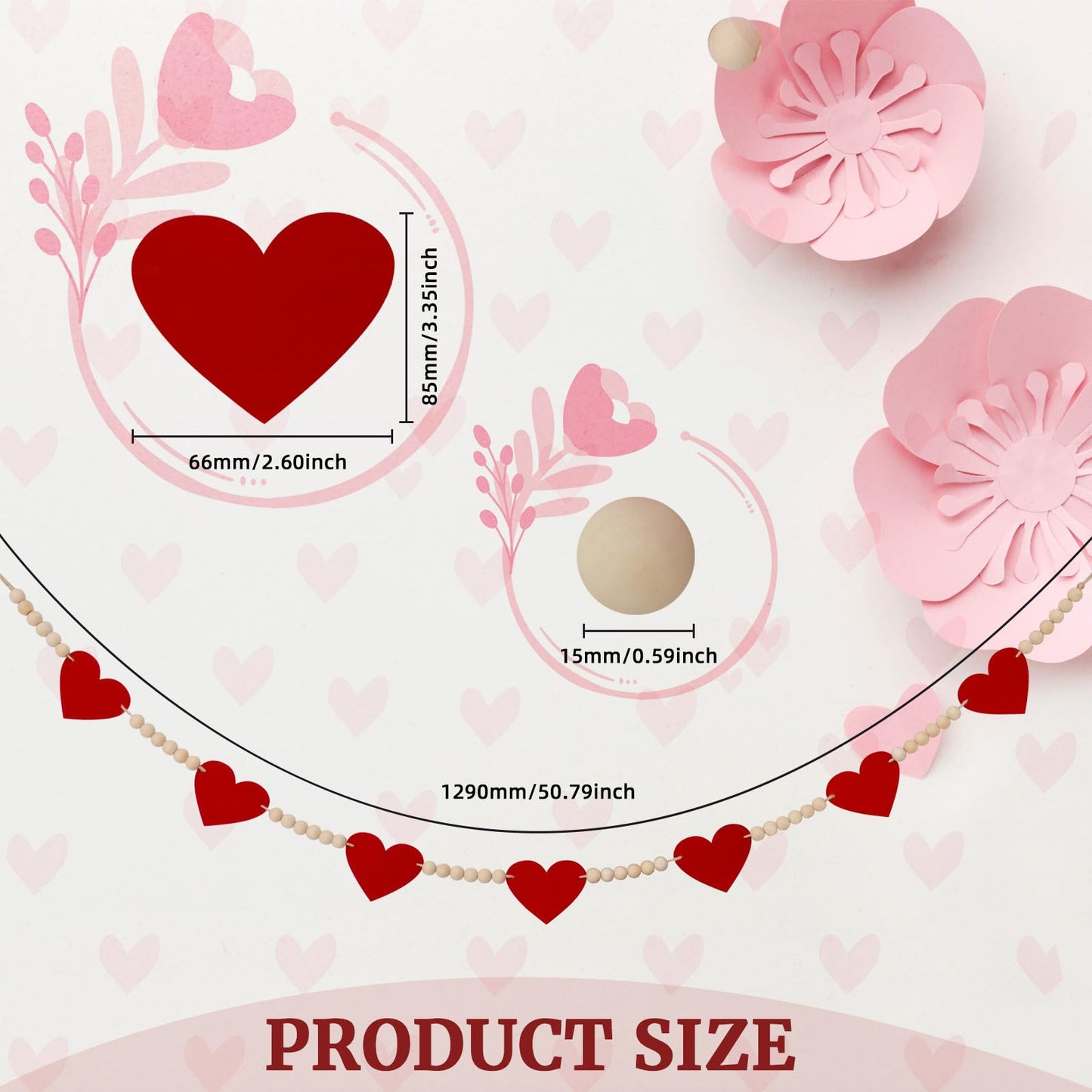 Valentine's Day Heart Decorations, Felt Hearts Wood Bead Garland Banner for Valentine's Day Decor