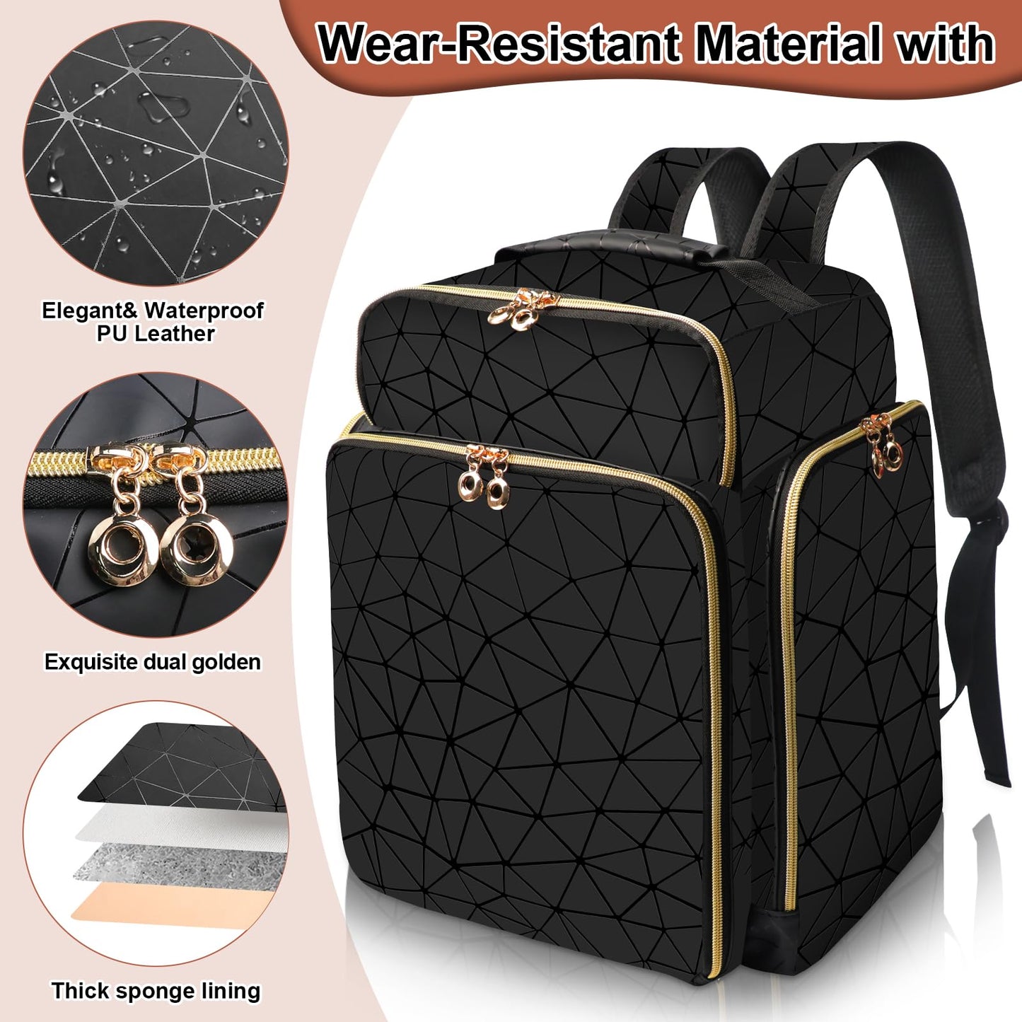ahzske Nail Polish Organizer Backpack Holds 126 Bottles& Nail Lamp, Extra Large Nail Kit Supplies Organizer Bag with 3 Removable Cases, Portable Nail Organizers and Storage for Trave (Elegant Black)