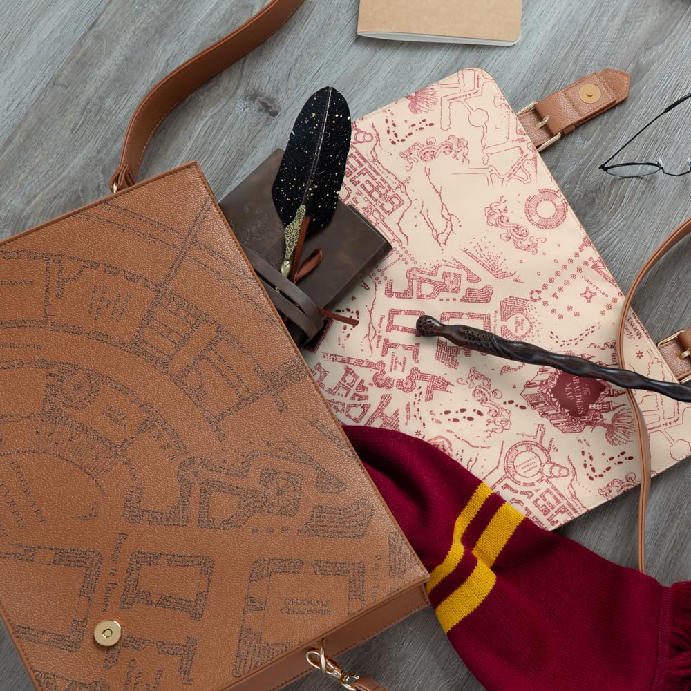 ConQuest Journals Harry Potter Marauder's Map Satchel, Vegan Leather Messenger Tote Bag, 50'' Crossbody Strap & Top Handles, Snap Buckle Closure, 2 Inside Pockets, 11'' x 15'', Officially Licensed