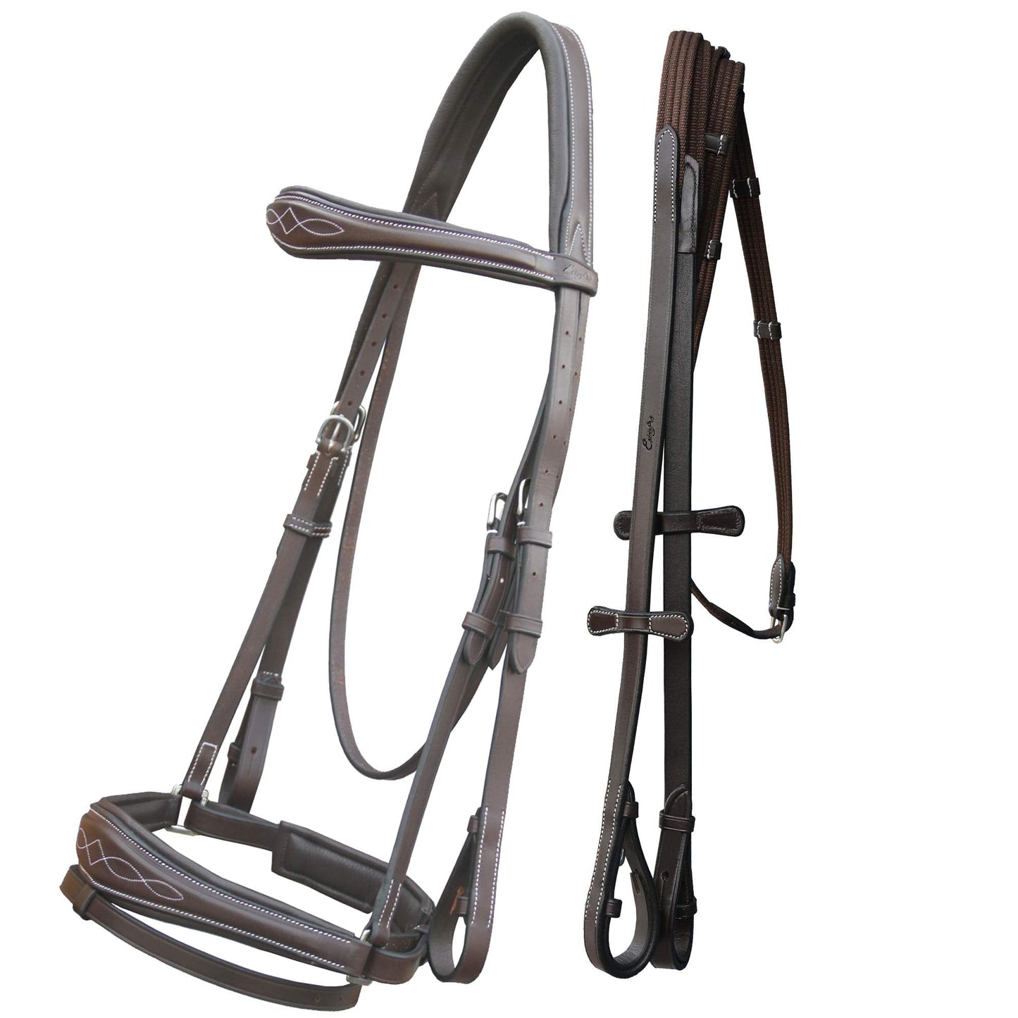 Exion Horse Dressage Bridle with Soft Padded Anatomical Crank Noseband & Reins | Fancy Square Raised Browband | Comfort Crownpiece | Premium Vegetable Tanned Leather