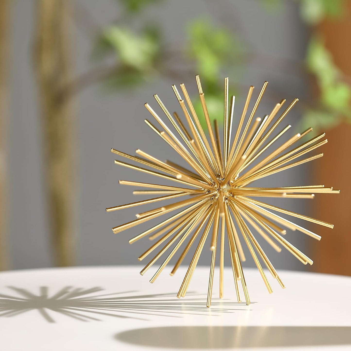 Metal Decorative Starburst Ball, 6 Inch Gold Sphere Decor, Spiky Star Burst Tabletop Sculpture, Mid-Century Modern Metal Spike Ball for Home, Living Room, Office & Shelf Decor