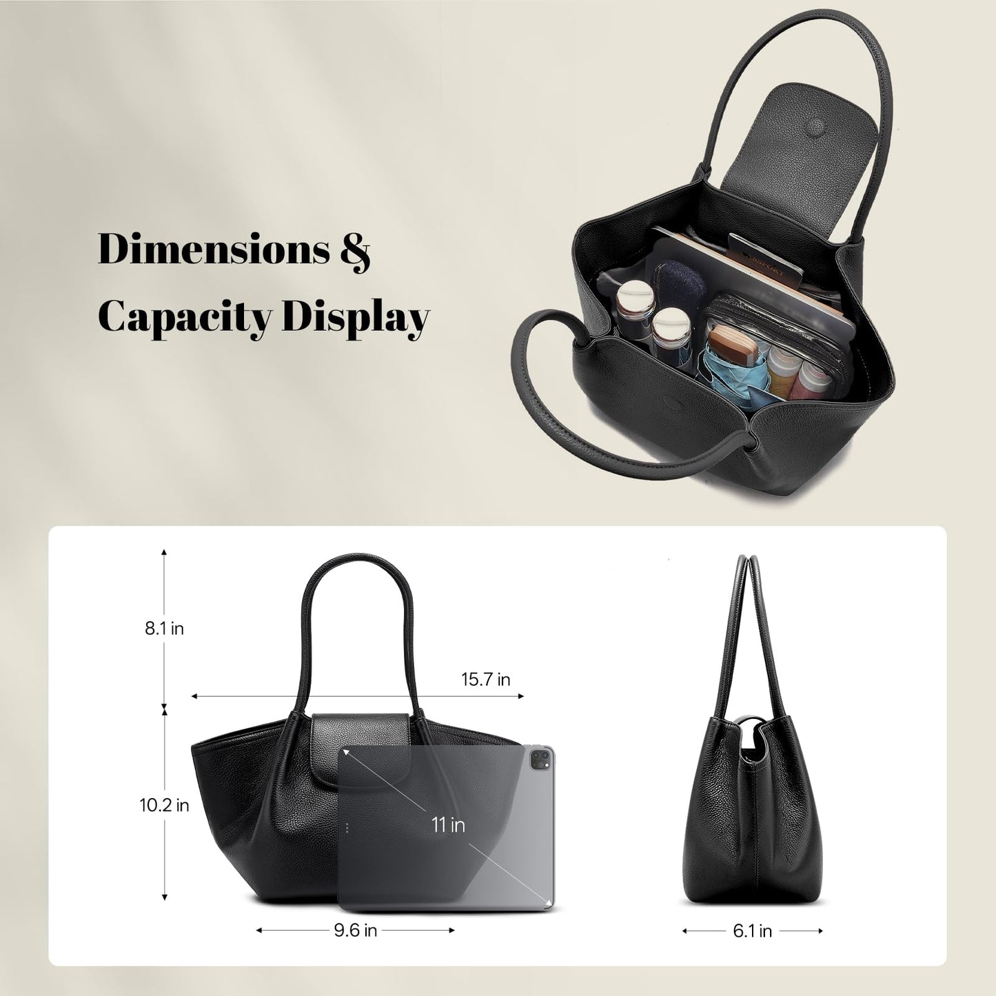 hedexe Genuine Leather Tote Bag for Women: Chic Spacious Shoulder Handbag Satchel Purse - Large Work Bag for Travel & Daily Use(Black)