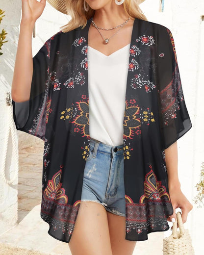 Womens Kimonos Beach Cover Up Chiffon Cardigan Floral Blouse Loose Fit Cape Top Summer Resortwear(Orange Black,XL)