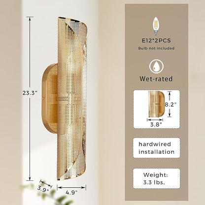 21.6 Inch Curved Perforated Double Wall Sconce, Hand-Made Aged Brass Metal Wall Mounted Light Over Mirror, Luxury Wall Light for Bedroom, Elegant Light Fixture for Indoor