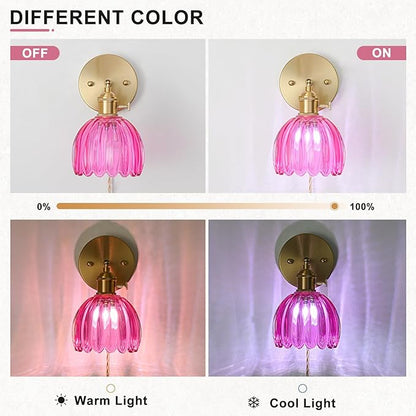 Plug in Wall Sconce, Vintage Sconce Light with Tulip Ruby Red Glass Lampshade, 180° Adjustable Wall Sconce with Switch and Plug in Wall Lamp Cord, Gold Wall Light for Bedroom Bedside