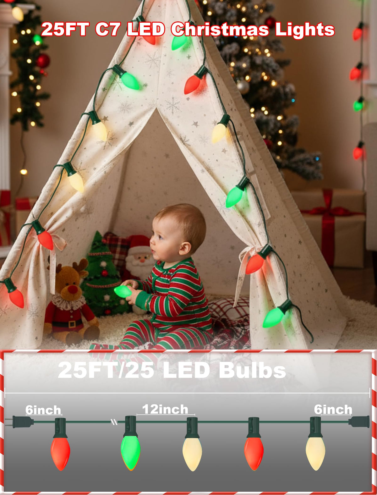 C7 LED Christmas Lights Outdoor - 25ft Red White and Green String Lights With 27 Ceramic Bulbs(2 Spare), Waterproof Commercial Grade Extendable for Indoor Outdoor Roofline Patio Yard Xmas Decor